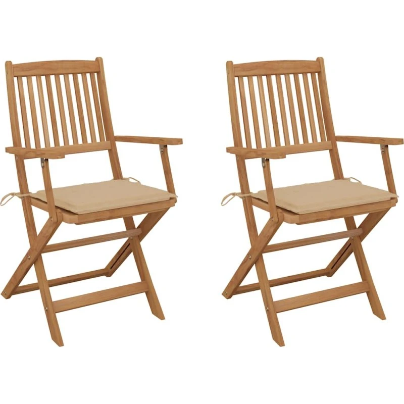 vidaXL Foldbare Havestole 2 stk. med Hynder, Massivt Akacietræ, Beige