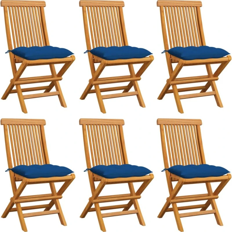 vidaXL Foldbare Havestole i Massivt Teak med Blå Hynder – 6 stk.