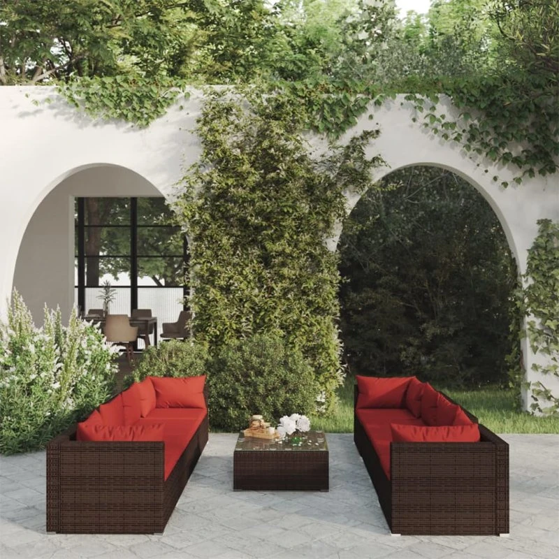 vidaXL 9-deligt loungesæt i polyrattan brun med hynder