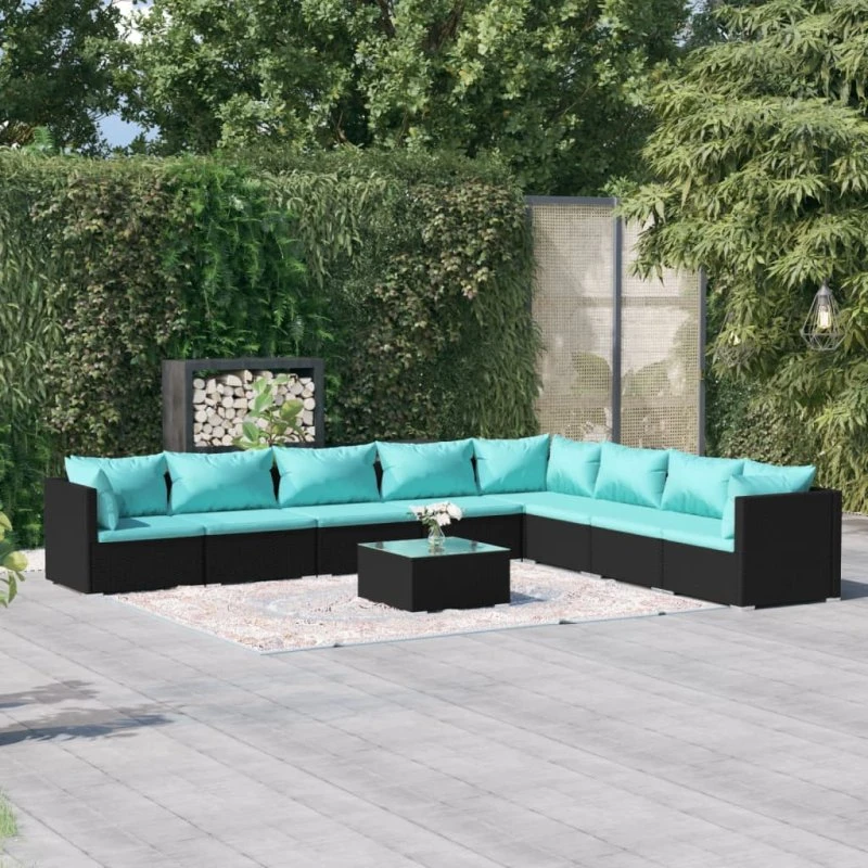 vidaXL 9-deligt loungesæt i polyrattan med hynder, sort