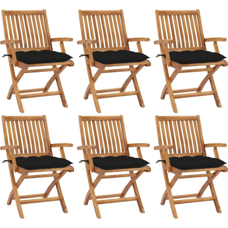 vidaXL Foldbare Havestole 6 stk. i Massivt Teaktræ med Sorte Hynder