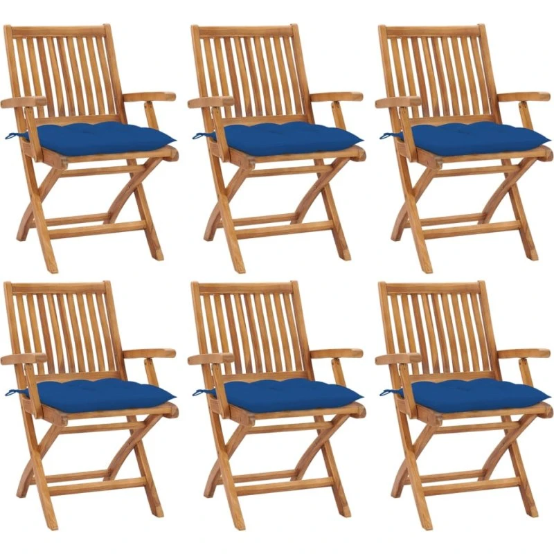 vidaXL Foldbare Havestole 6 stk. i Massivt Teaktræ med Blå Hynder