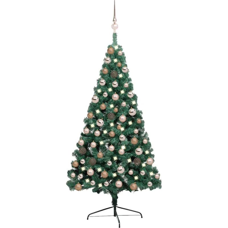 vidaXL Kunstigt halvt juletræ 120 cm med LED-lys og kugler – grøn