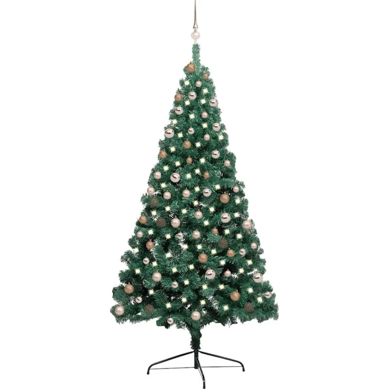 vidaXL Kunstigt halvt juletræ 210 cm med LED-lys og kugler, grøn