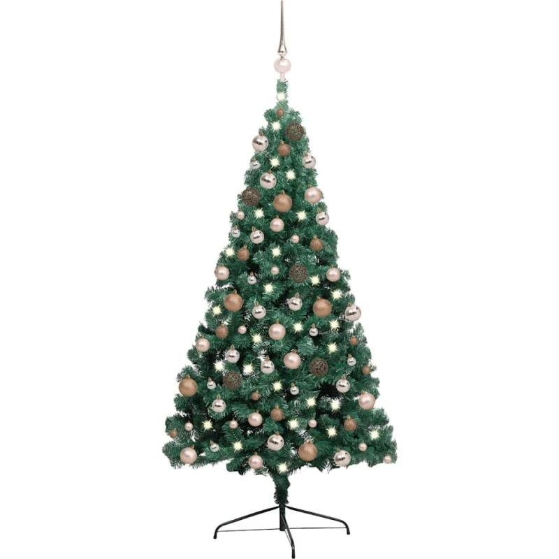 vidaXL Kunstigt halvt juletræ 240 cm grøn med LED-lys og kugler