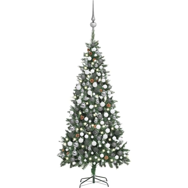 vidaXL 210 cm kunstigt juletræ med lys, kugler og grankogler