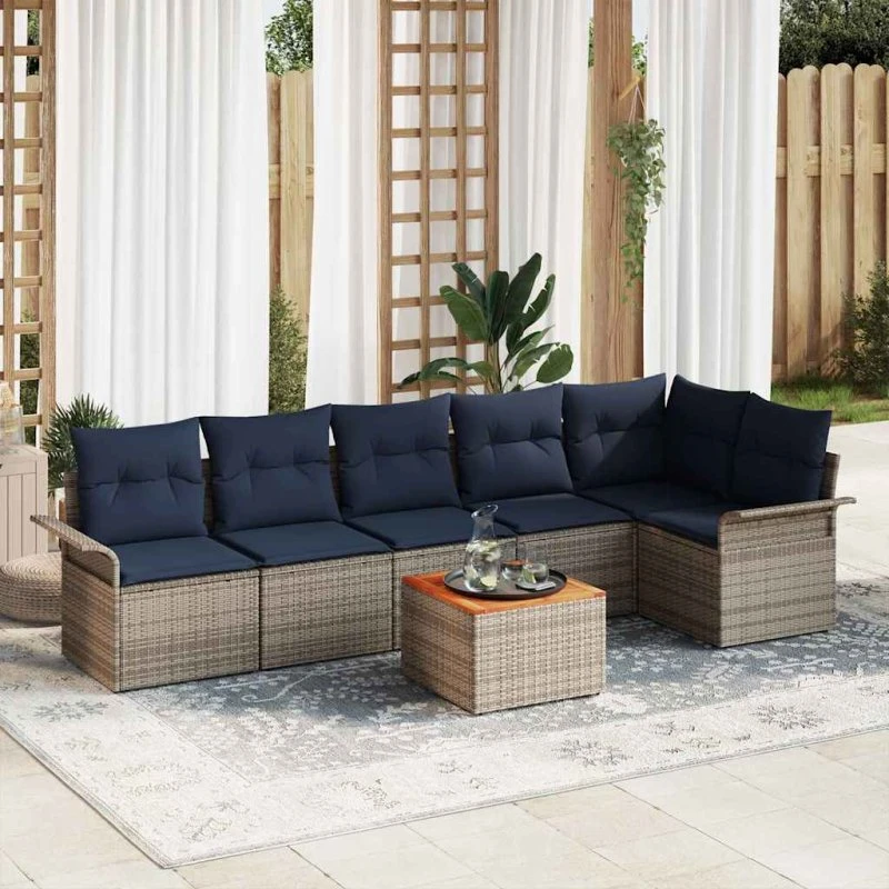 vidaXL Havesofa-sæt 7-del, grå polyrattan med puder
