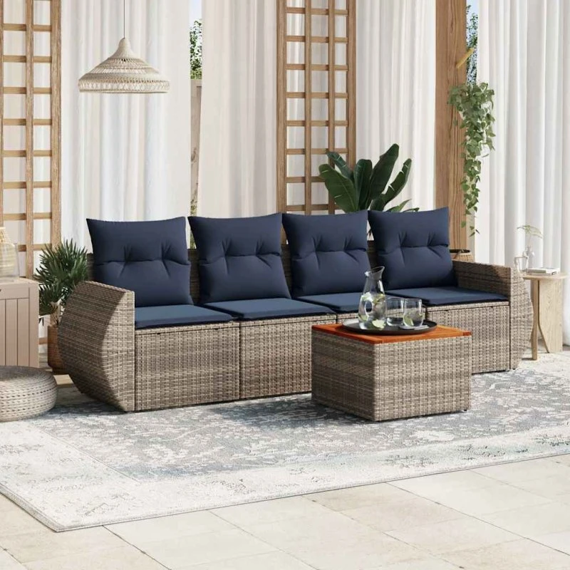 vidaXL Havesofasæt 5 dele grå polyrattan med marineblå puder