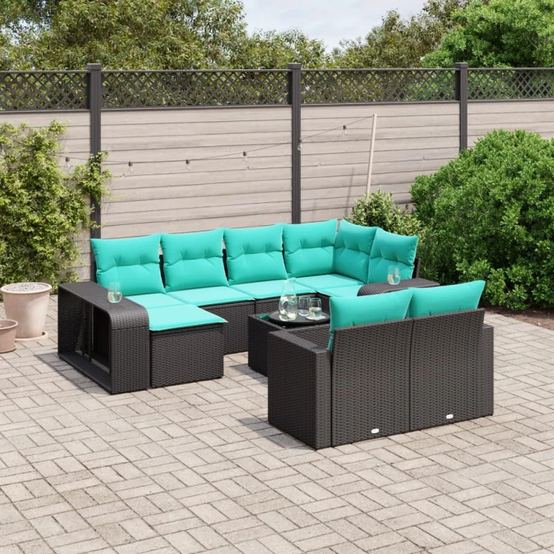 vidaXL 11-delt havesofasæt sort polyrattan med blå hynder