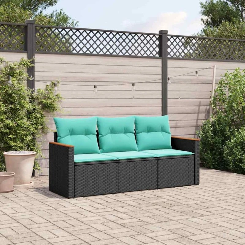 vidaXL Havesofasæt 3 dele sort polyrattan med blå hynder