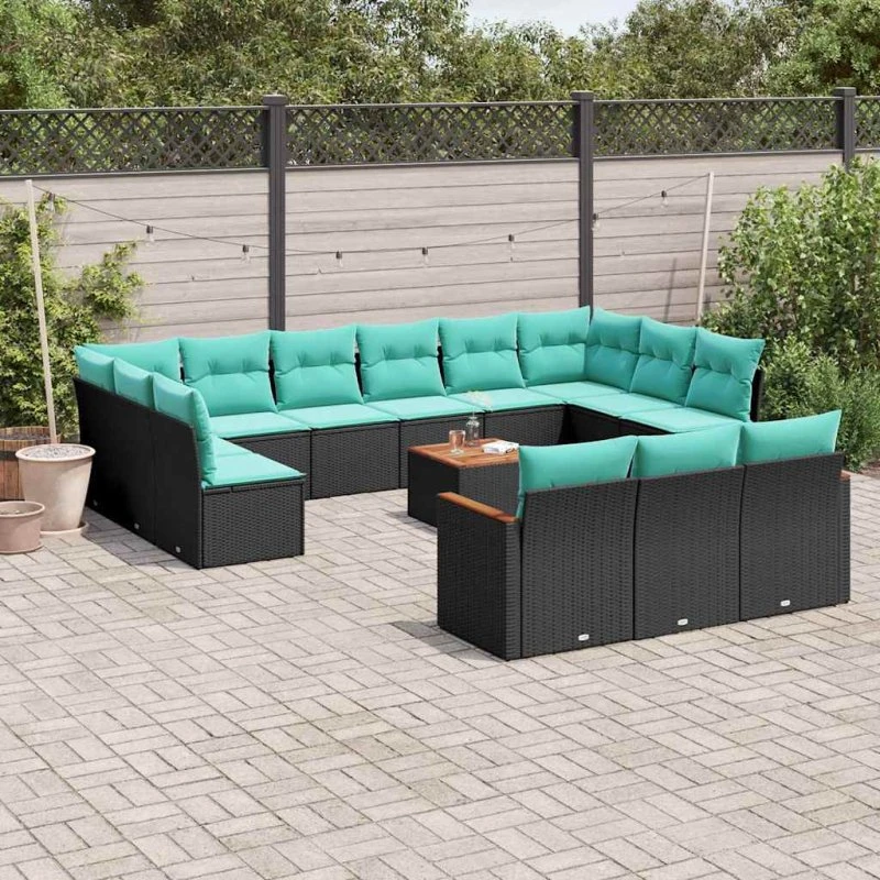 vidaXL 14-delt havesofasæt sort polyrattan med blå hynder
