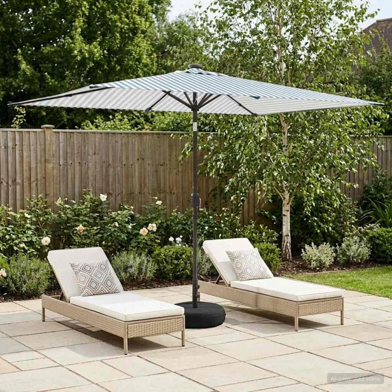 vidaXL Haveparasol med LED-lys og fod 200 x 300 cm, blå/hvid