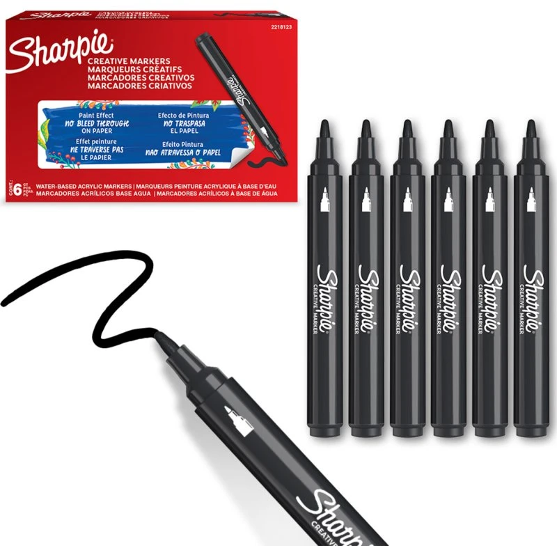 Sharpie Creative Akryl Paint Marker, Sort, 6 stk