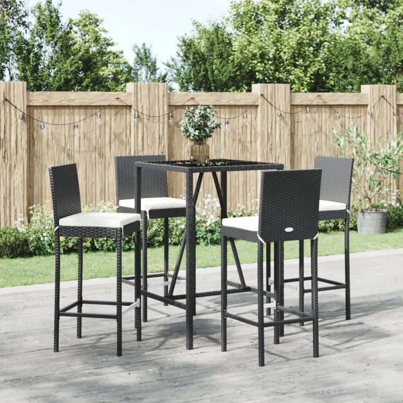 vidaXL Barsæt 5 dele med hynder i sort polyrattan
