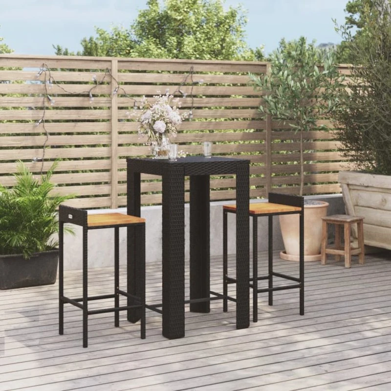 vidaXL Barsæt 3 Dele Sort Polyrattan & Akacietræ