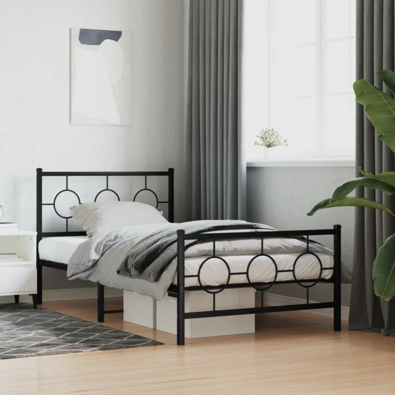 vidaXL Sengeramme 100x200 cm Metal Sort med Sengegavl og Fodgærde