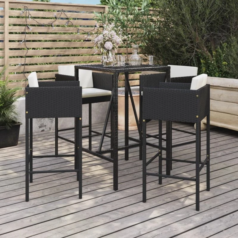 vidaXL Barsæt 5 dele med hynder i sort polyrattan