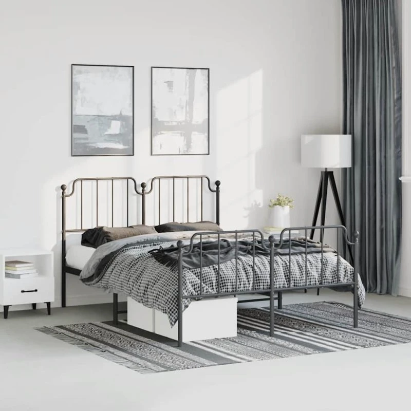 vidaXL Sengeramme 150x200 cm metal sort med gavl og fodgærde