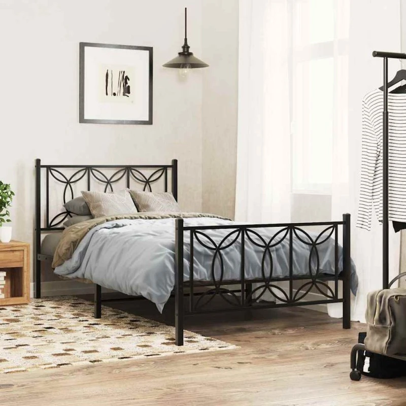 vidaXL Sengeramme 100x200 cm metal sort med gavl og fodgærde
