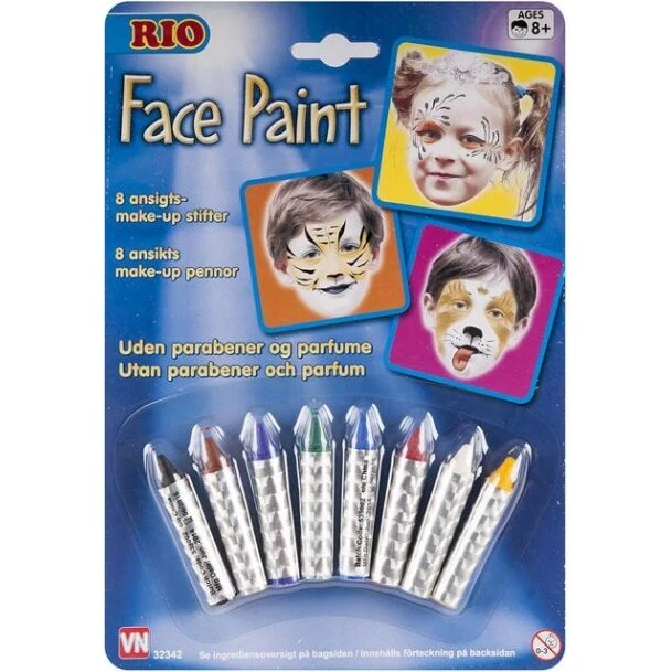 RIO Ansigtsmaling Stifter - 8 farver, Parabenefri