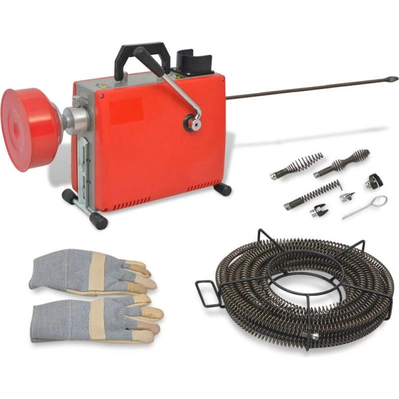 vidaXL Afløbsrensemaskine 250 W med 15 m x 16 mm og 4,5 m x 9,5 mm spiral