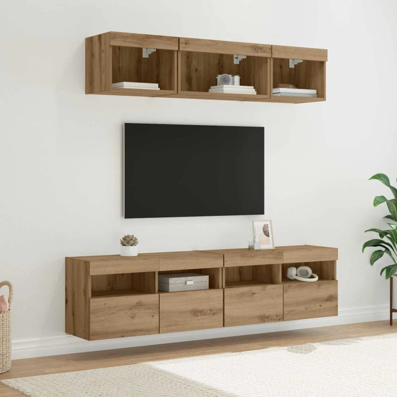 vidaXL Artisan Egetræ TV-Vægenheder med LED, 5 dele, 80 x 30 x 40 cm
