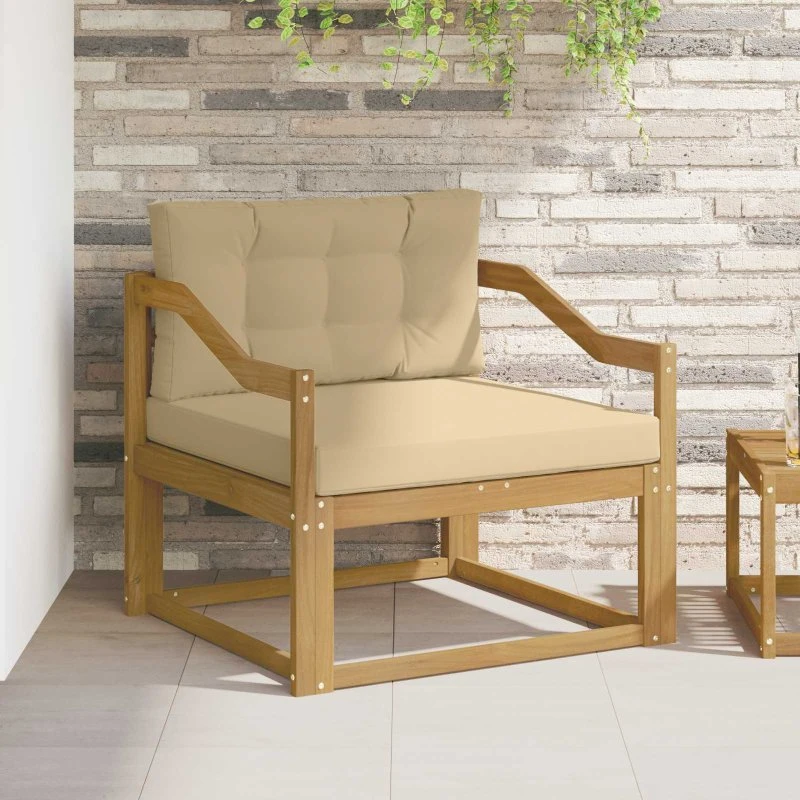 vidaXL Udendørs Mellem Sofa i Akacietræ, Hvid Ramme, Beige Puder