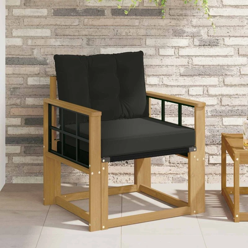 vidaXL Udendørs Sofa Massiv Akacietræ Hvid, 1-plads med Sorte Puder