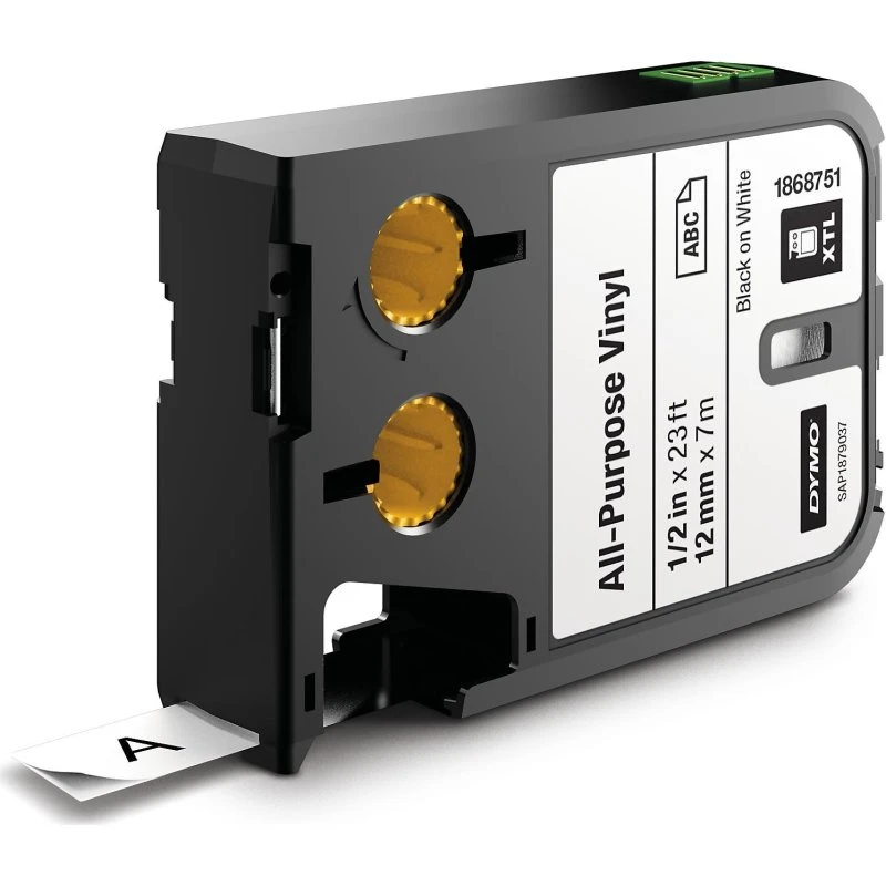 DYMO XTL 12mm x 7m sort på hvid vinyl etiketteteip