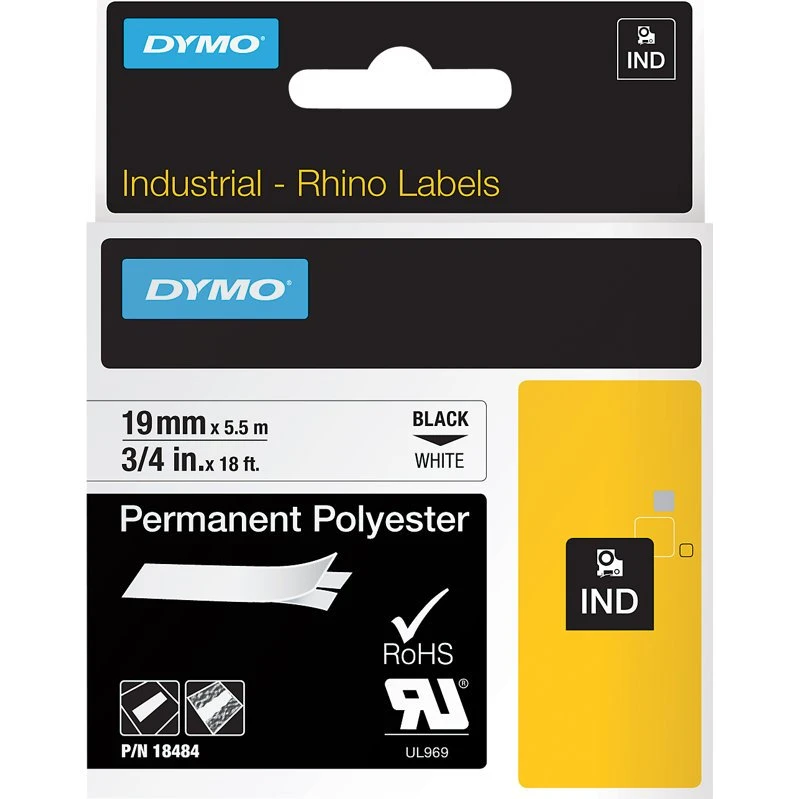 DYMO Rhino IND Permanent Polyester Tape 19mm x 5,5m Sort på Hvid