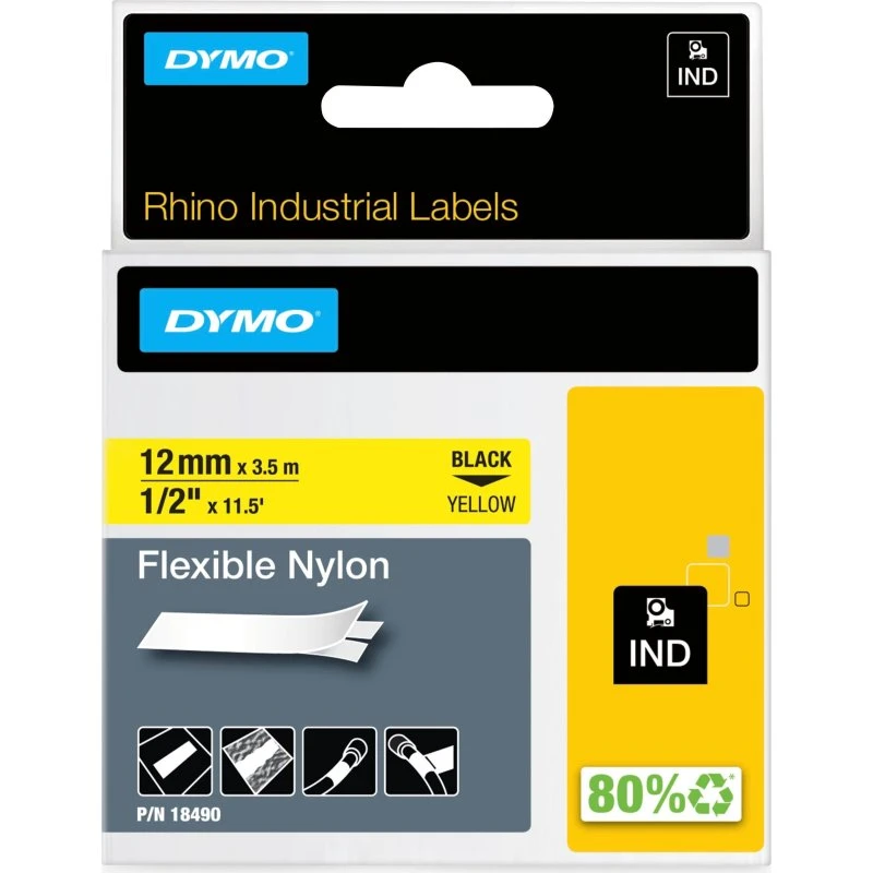 DYMO Rhino Fleksibel Nylon Tape 12mm x 3,5m Sort på Gul