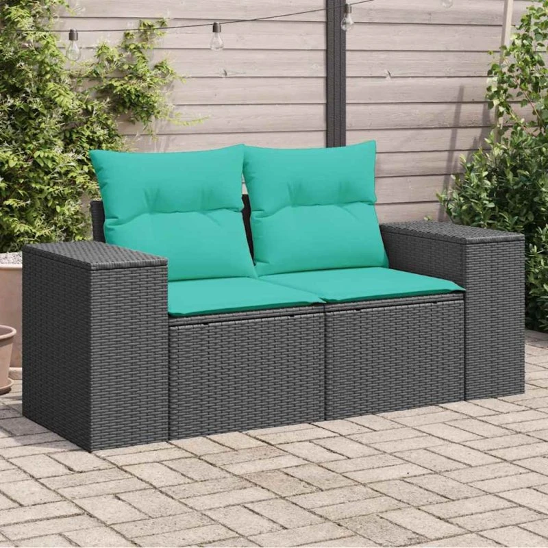 vidaXL 2-personers havesofa med hynder og opbevaring i polyrattan sort