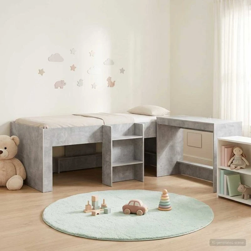 vidaXL Børneseng med skrivebord, betongrå, 203 × 111 × 68,5 cm