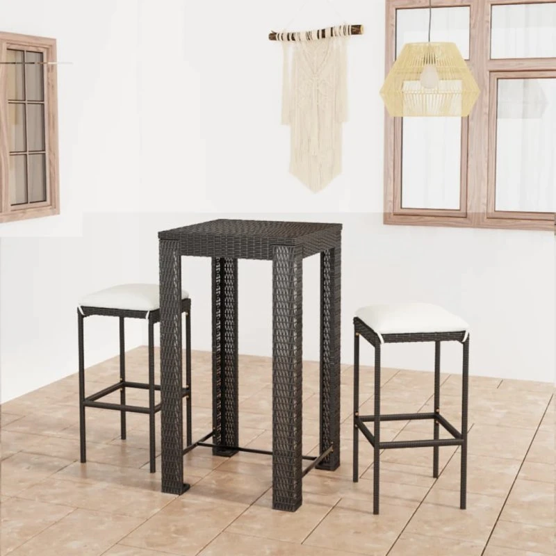 vidaXL Barsæt 3 dele med hynder i sort polyrattan