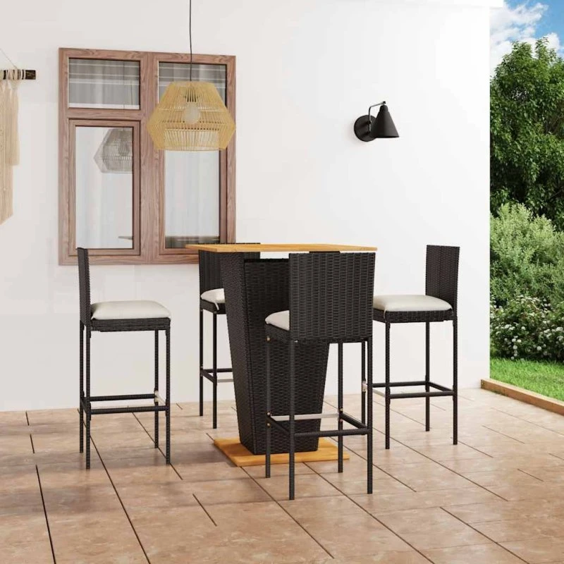 vidaXL Barsæt 5 dele med hynder i sort polyrattan