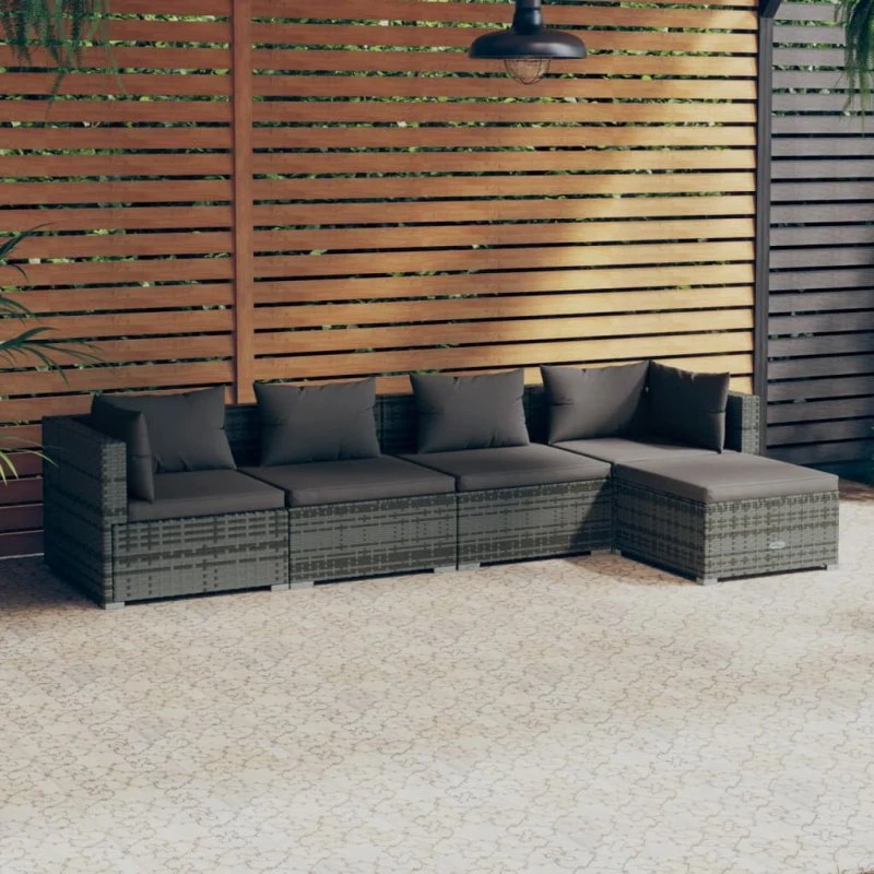 SUNLIFE Loungesæt 5 Dele Grå Polyrattan med Hynder