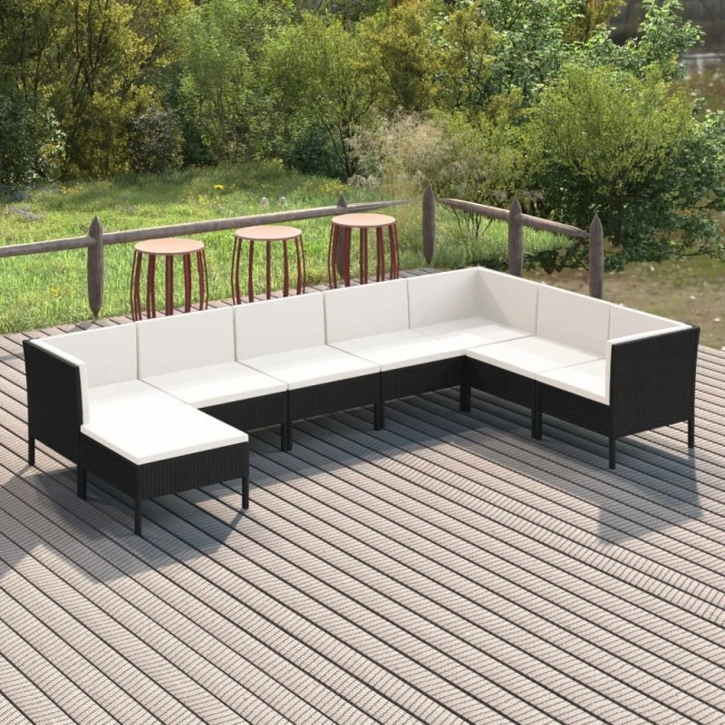 vidaXL 8-deligt loungesæt i polyrattan med creme hynder, sort