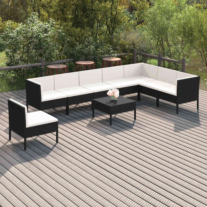 vidaXL 9-deligt loungesæt med polyrattan og cremefarvede hynder, sort