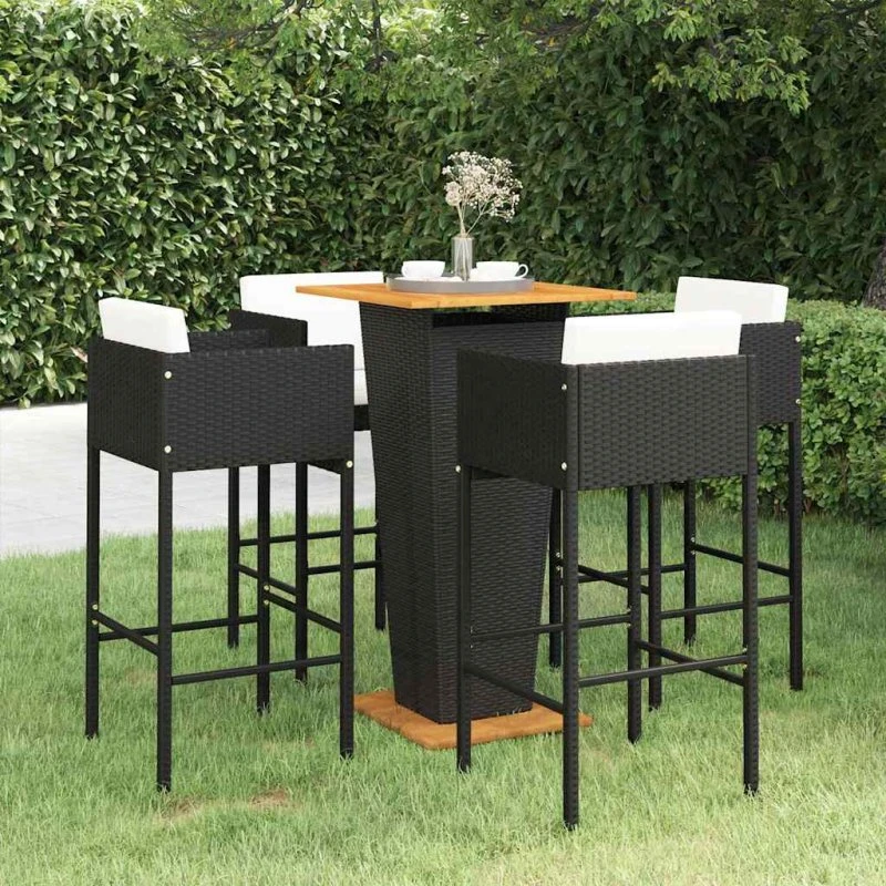 vidaXL Barsæt 5 dele med hynder, sort polyrattan, 60 x 60 x 110 cm