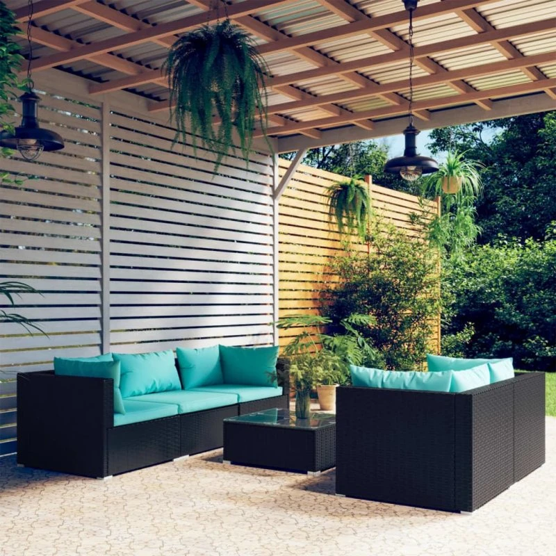 vidaXL 6-deligt loungesæt i polyrattan med hynder, sort