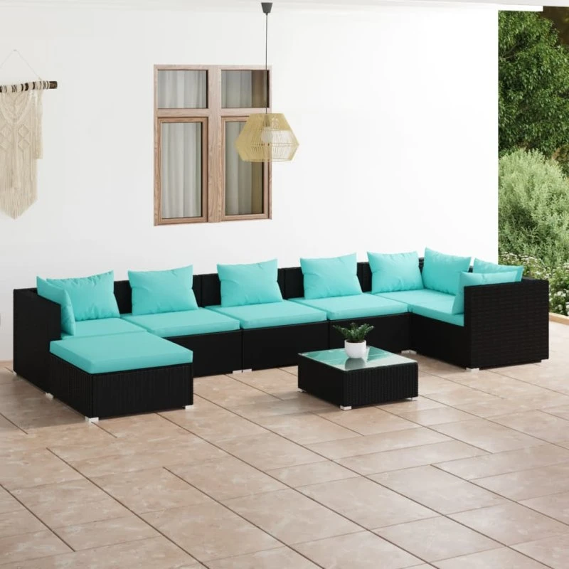 vidaXL 8-deligt loungesæt i polyrattan med hynder, sort