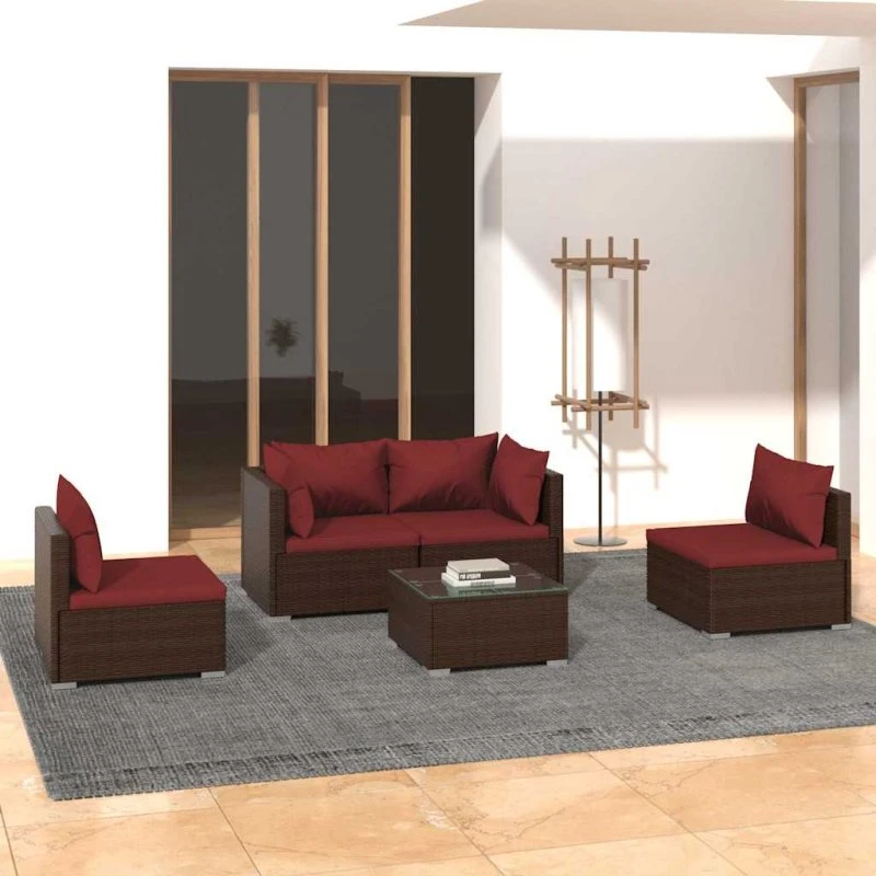 vidaXL loungesæt 5 dele polyrattan brun med hynder