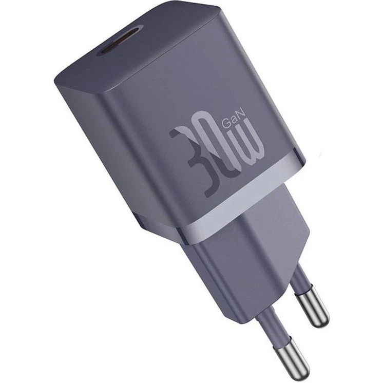 Baseus GaN5 30W USB-C Vægoplader med Lilla Kabel, 1m