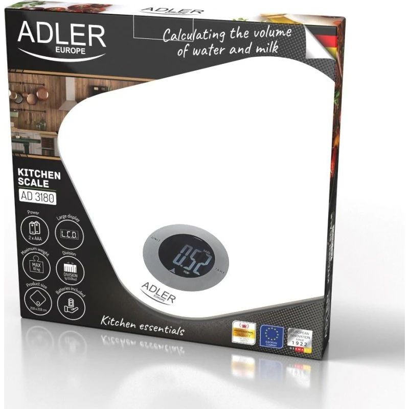 Adler AD 3180 elektronisk køkkenvægt, 10 kg, hvid