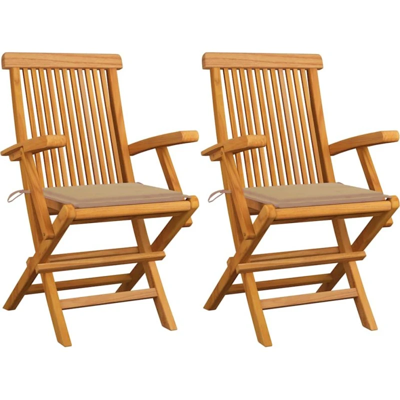 vidaXL Havestole i massivt teaktræ med beige hynder, 2 stk.