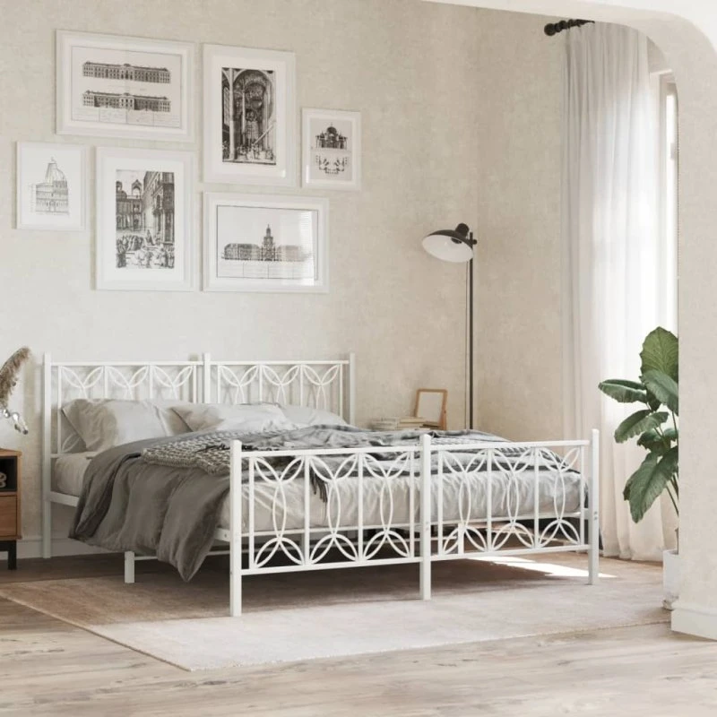 vidaXL Sengeramme 150x200 cm Metal Hvid med Gavl og Fodgærde