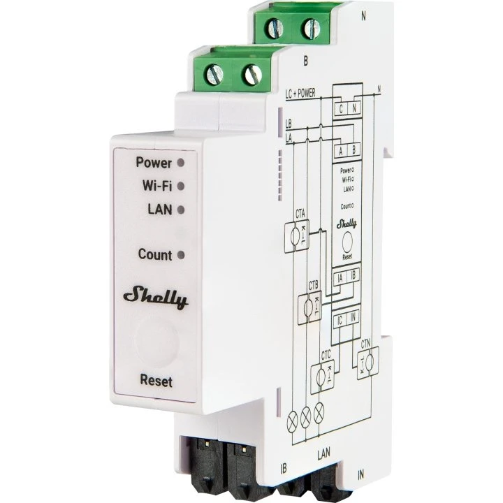 Shelly Pro 3EM 120A DIN-skinne-energimåler, 3-fase