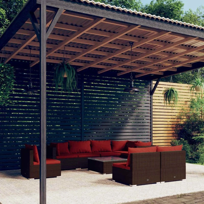vidaXL 9-deligt loungesæt i polyrattan med brun polyrattan og kanelrøde hynder