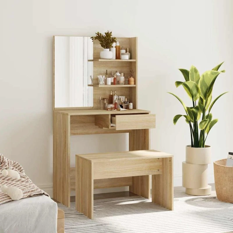 vidaXL Makeupbord med skammel og spejl, Sonoma-eg 74,5x40x141 cm