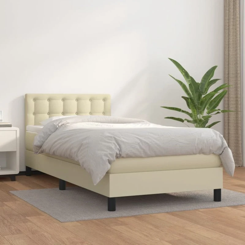 vidaXL Kontinentalseng 90x200 cm med madras – cremefarvet kunstlæder